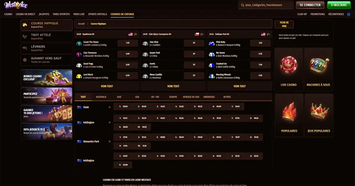 Interface des courses de chevaux sur le casino westace