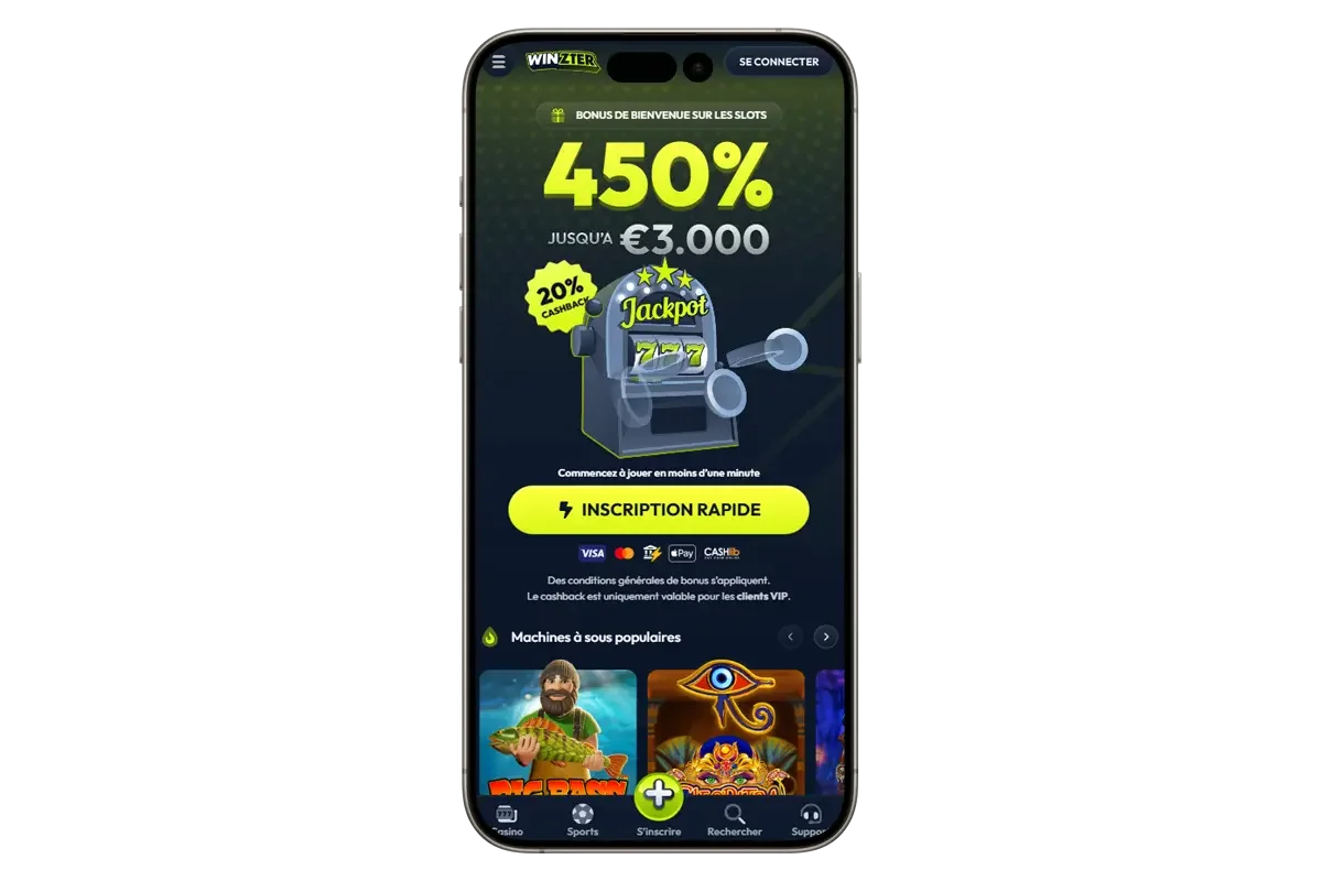 Page d'accueil de Winzter casino sur mobile