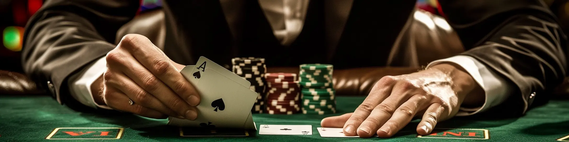 joueur de blackjack tenant carte as dans les mains au casino