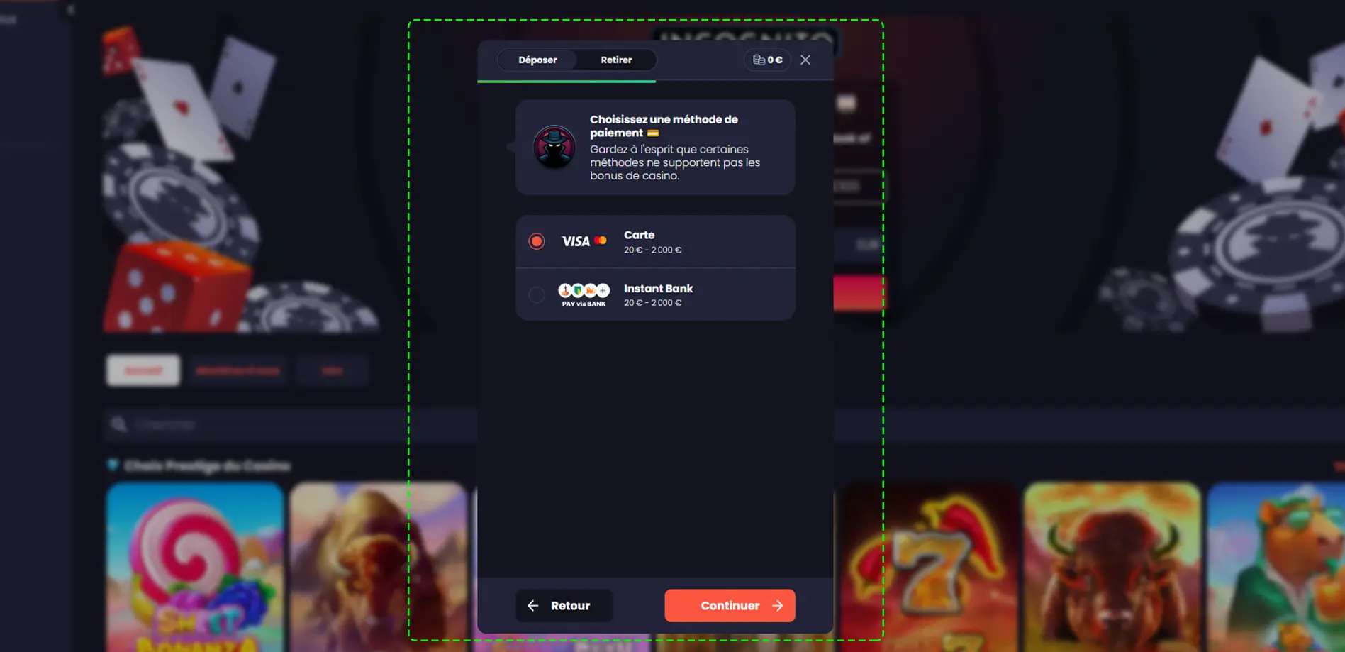 Choix de la méthode de paiement incognito casino