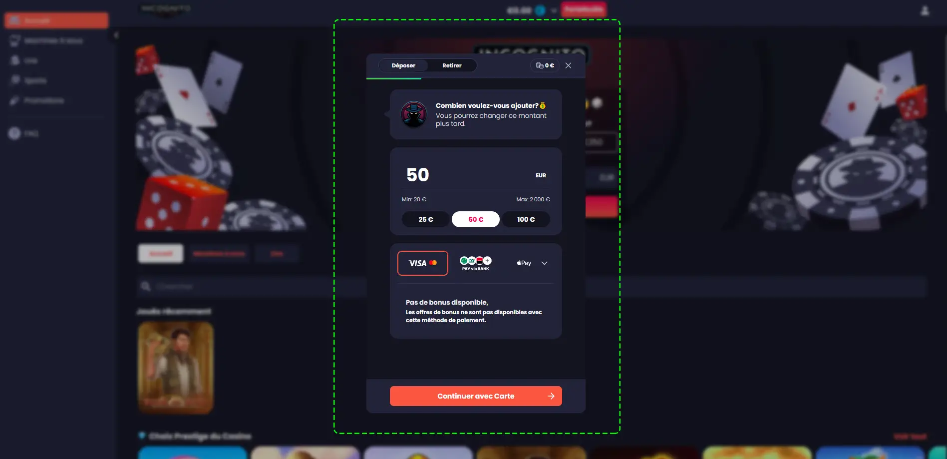 Déposer sur incognito casino