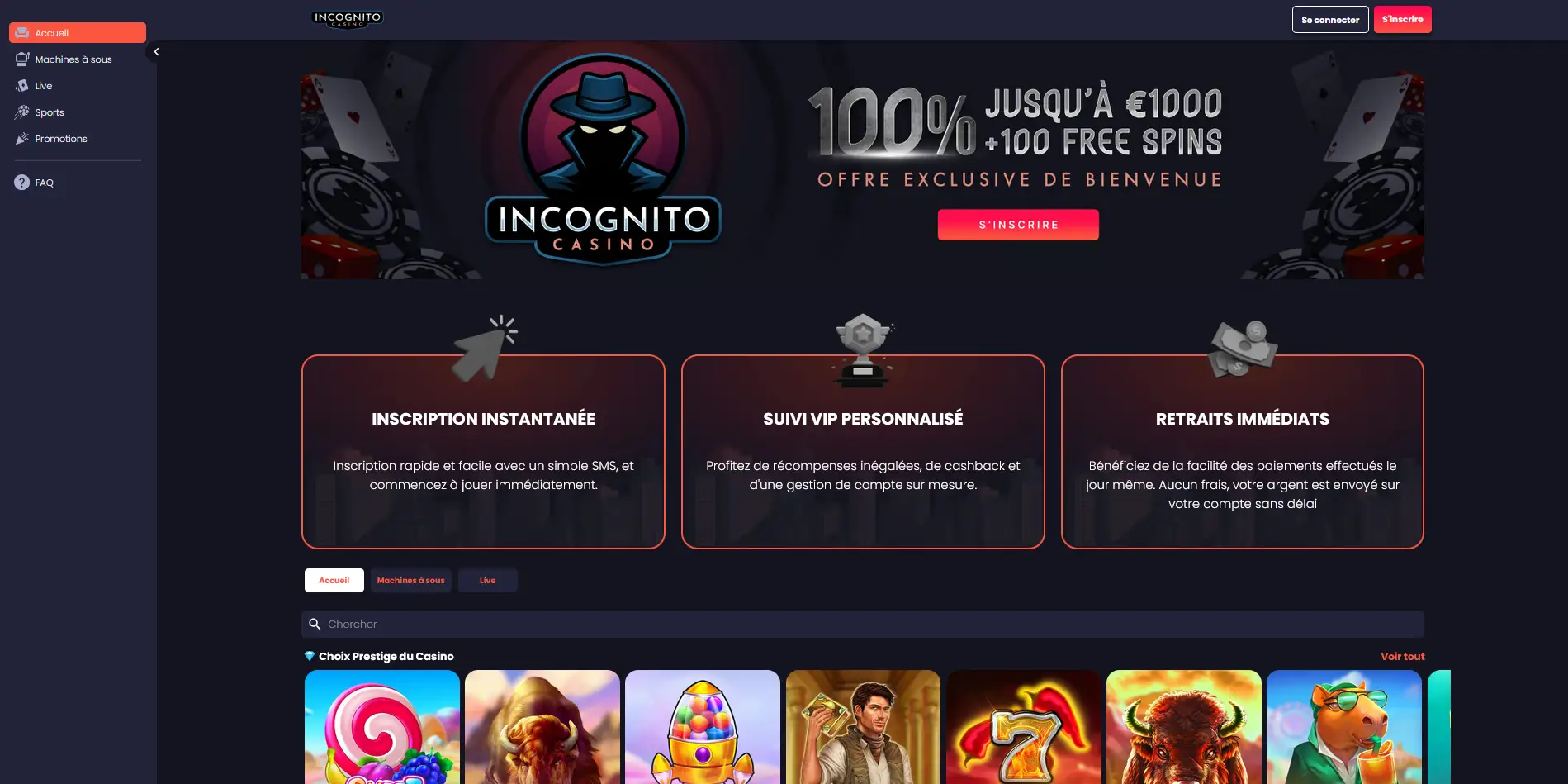 Page d'accueil du casino en ligne Incognito Casino