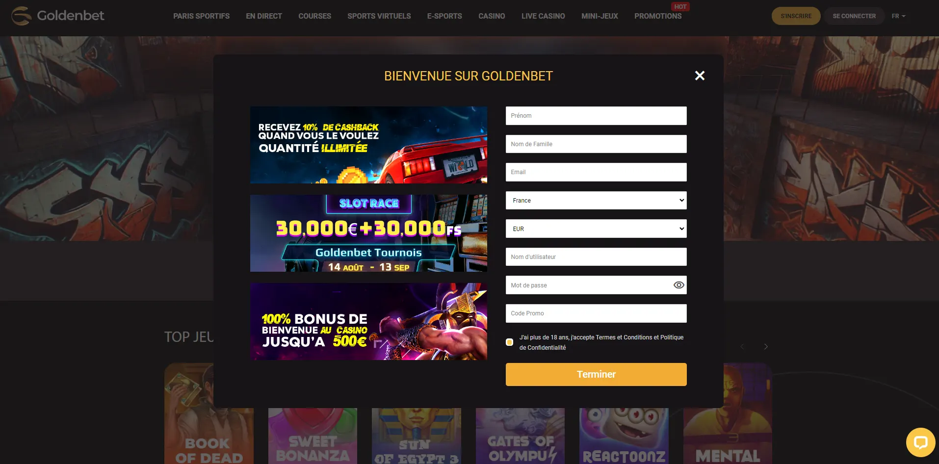 formulaire d'inscription goldenbet