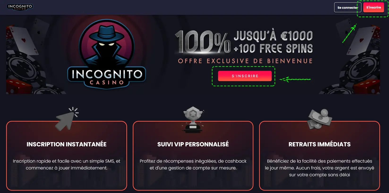 Inscription sur incognito casino